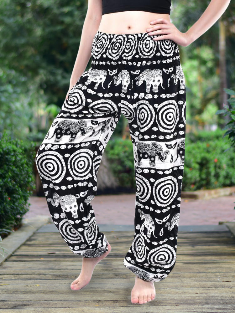 Bohotusk Black Elephant Bullseye Print Elasticated Smocked Waist