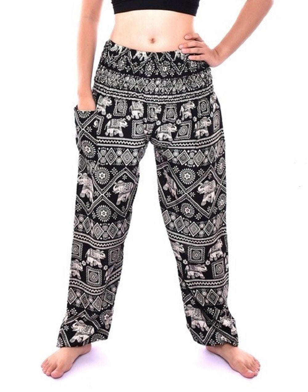 Bohotusk Black Elephant Print Womens Harem Pants Elasticated Smocked