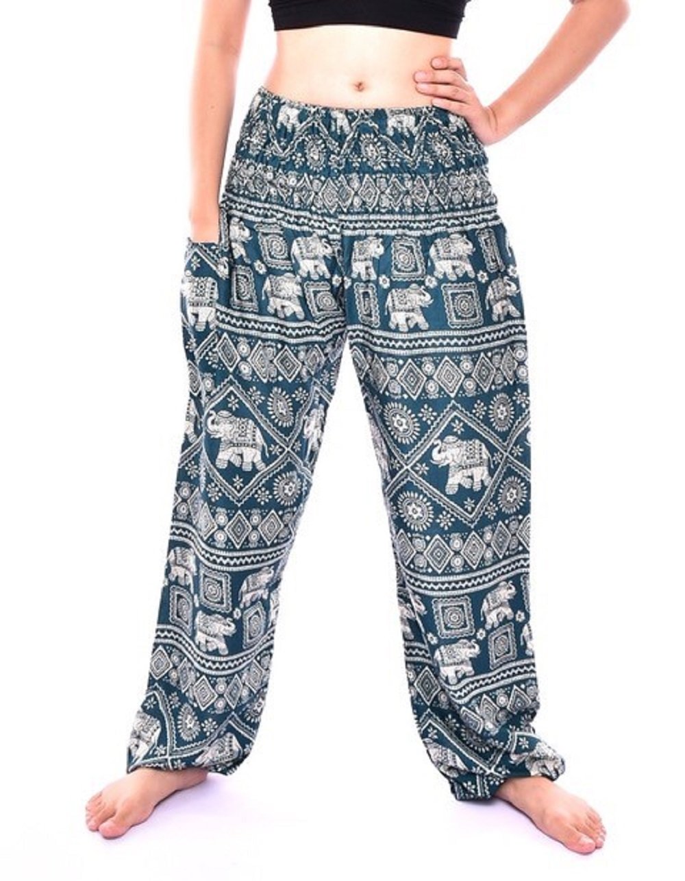 Bohotusk Turquoise Elephant Print Harem Pants Elasticated Smocked