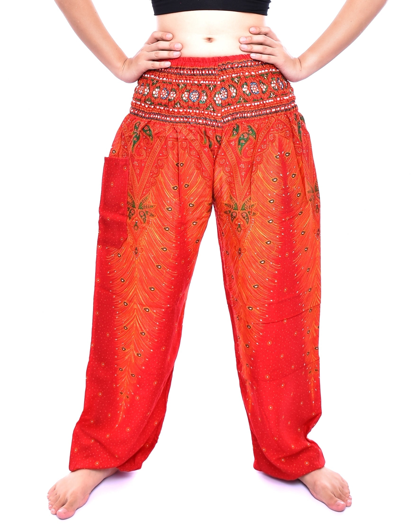 Bohotusk Orange Peacock Print Elasticated Smocked Waist Womens Harem