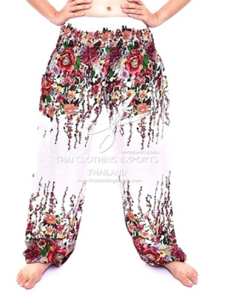 Bohotusk White Floral Print Elasticated Smocked Waist Womens Harem