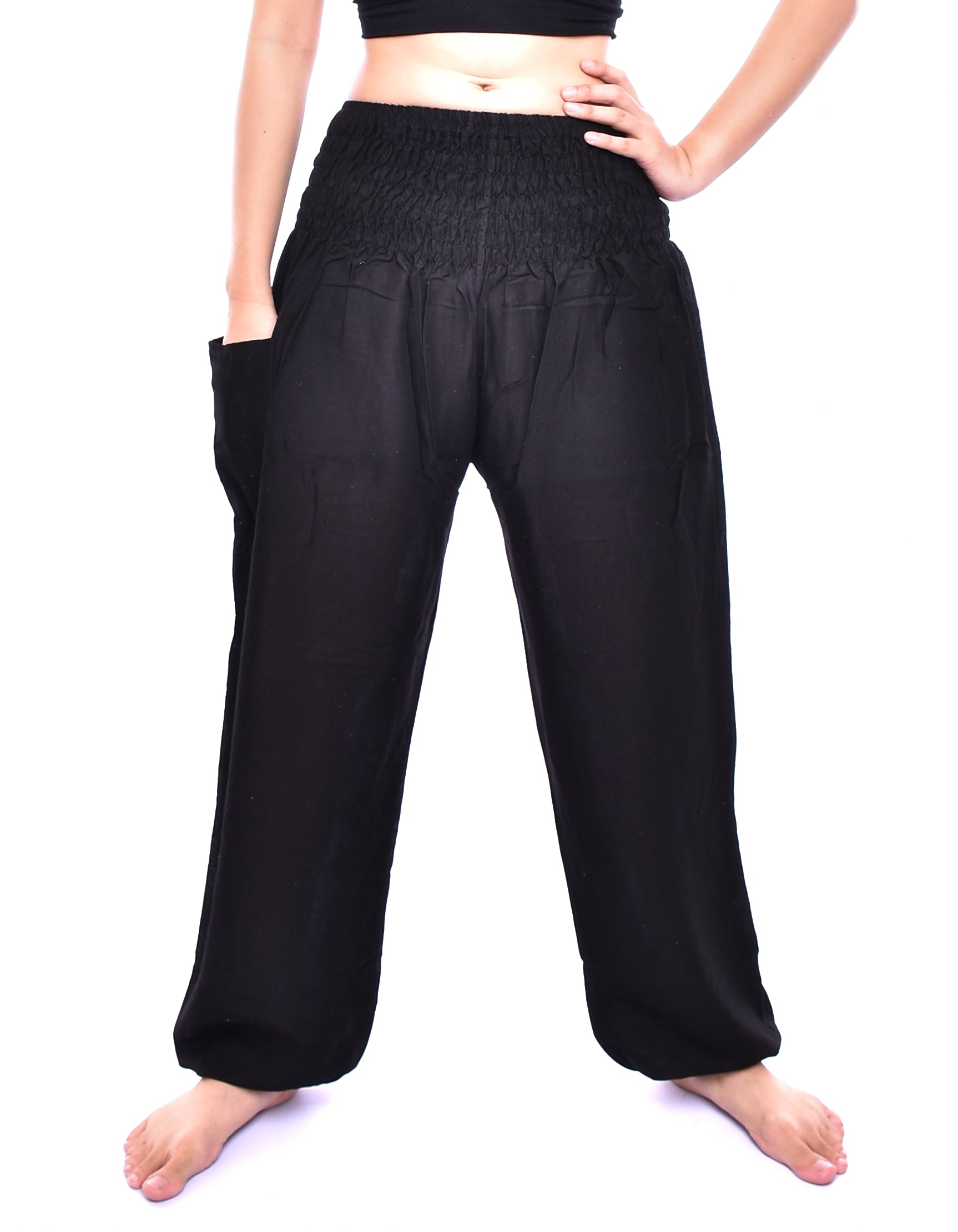 Bohotusk Black Plain Elasticated Smocked Waist Womens Harem Pants S/M