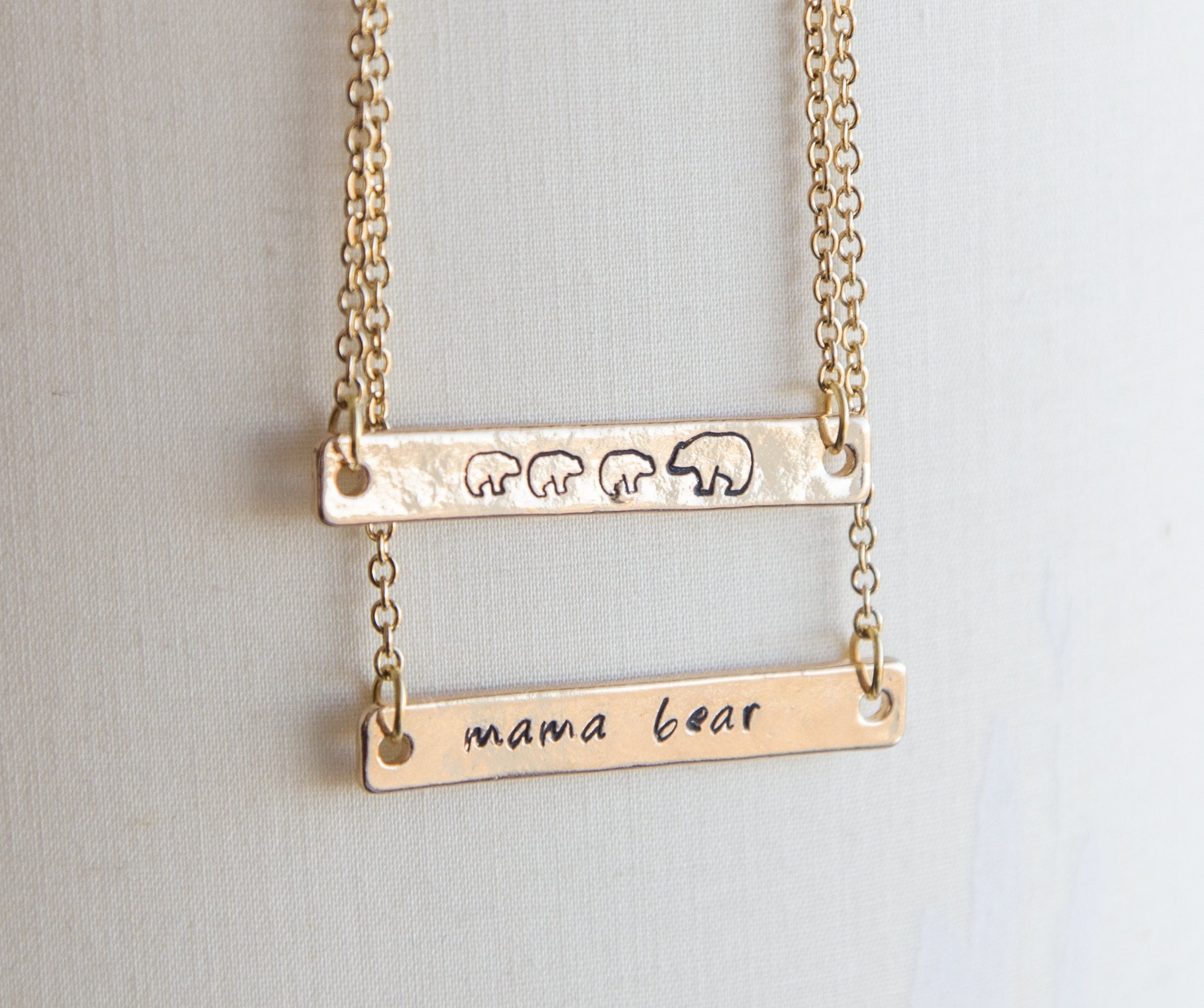 Mama bear necklace, mama and bear cub necklace, hand stamped bar