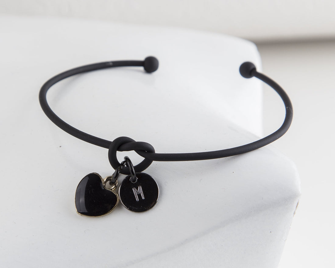 Dainty Knot Bracelet, Black Metal Wire Knot Bangle with Heart Charm