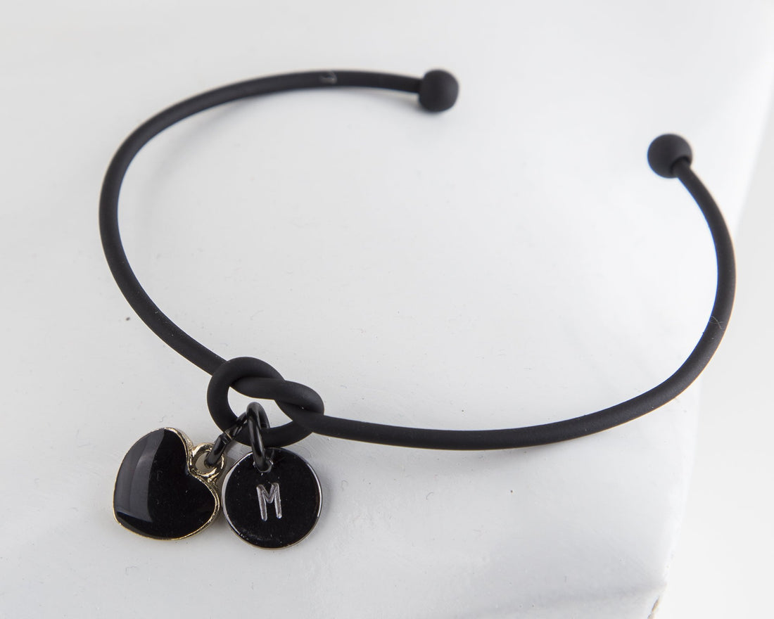 Dainty Knot Bracelet, Black Metal Wire Knot Bangle with Heart Charm