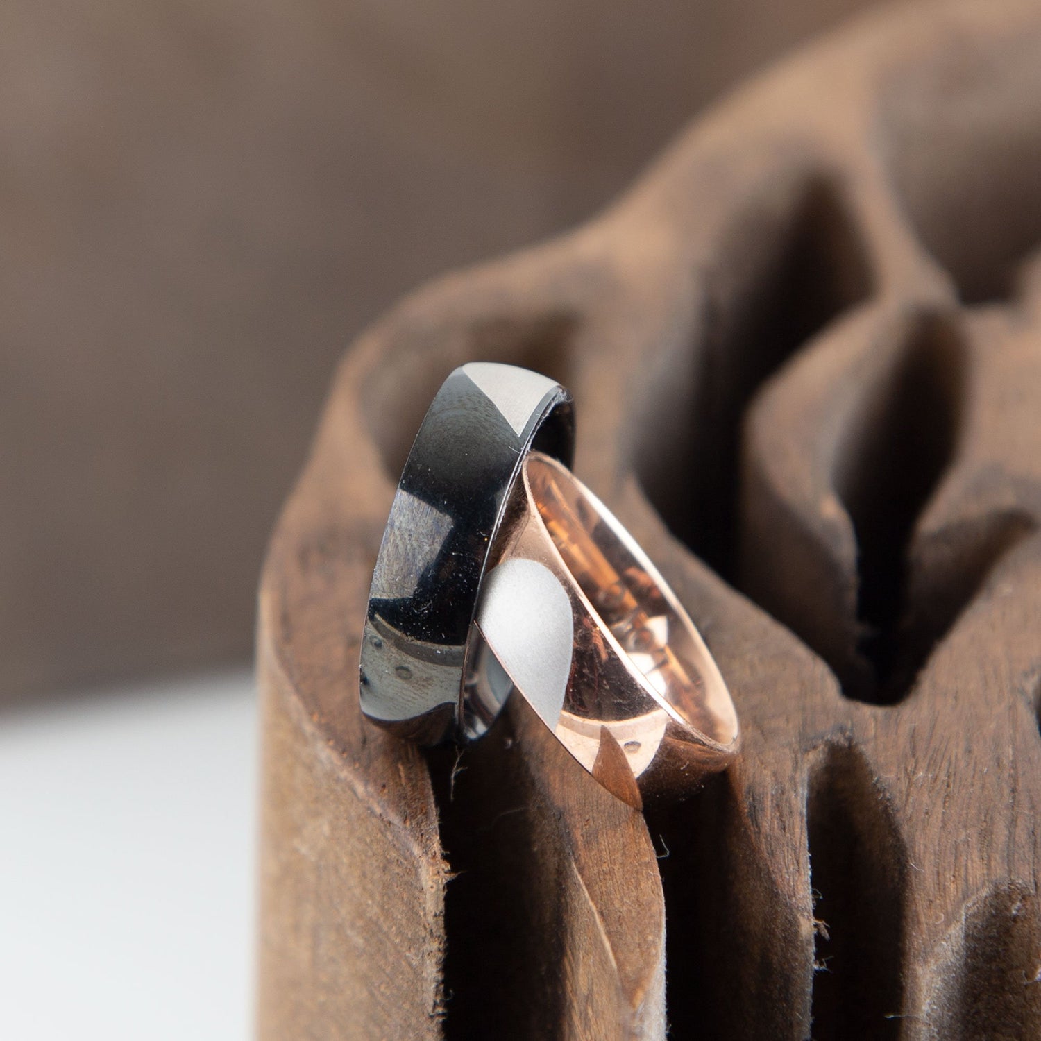 Heart Couple Rings Set, Wedding Ring Set, Rose Gold and Black