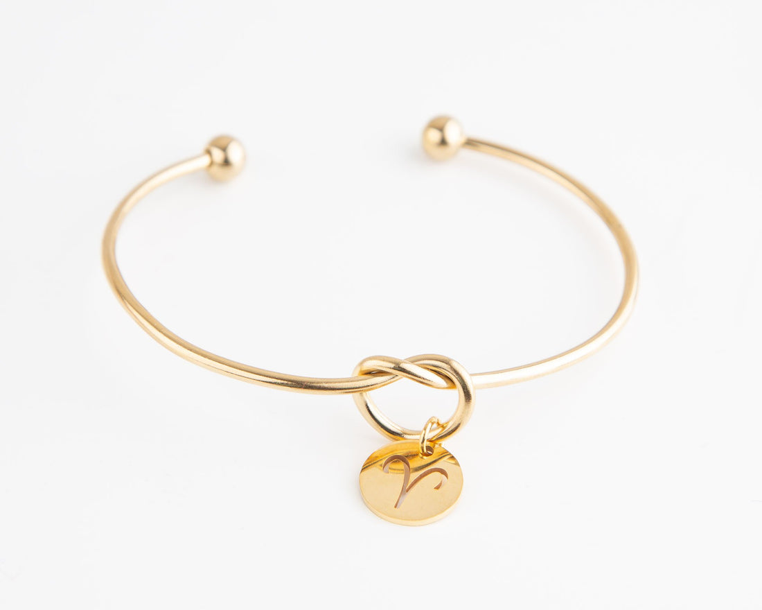 Dainty Knot Bracelet, Gold Plated Wire Knot Bangle with Zodiac Symbol