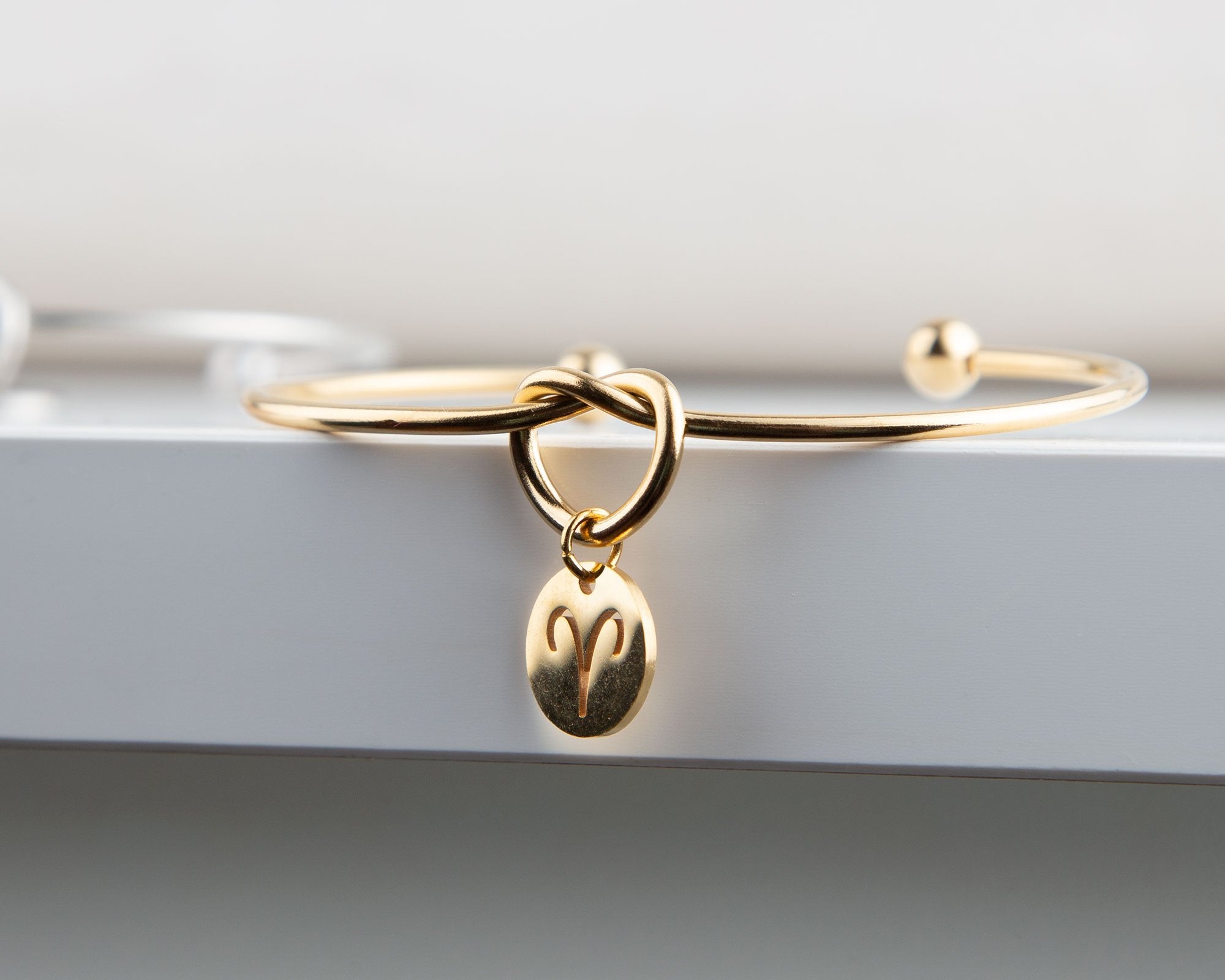 Dainty Knot Bracelet, Gold Plated Wire Knot Bangle with Zodiac Symbol