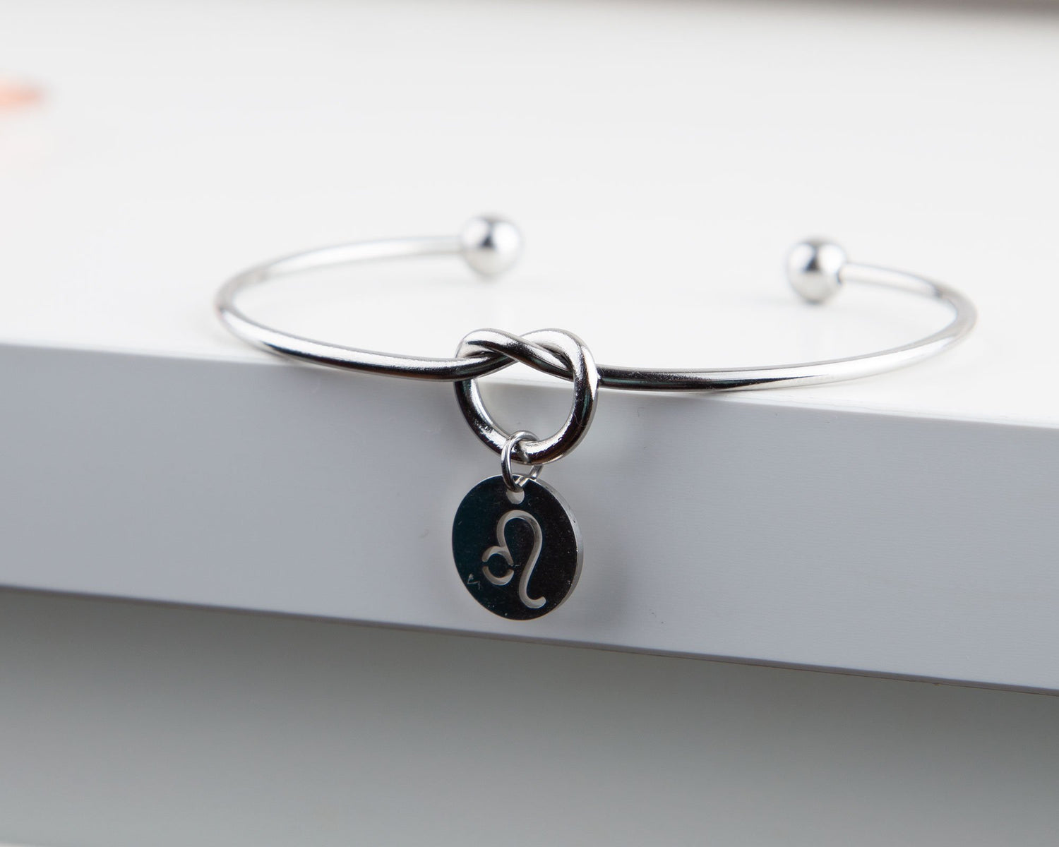 Dainty Knot Bracelet, Wire Knot Bangle with Zodiac Symbol Charm Gift