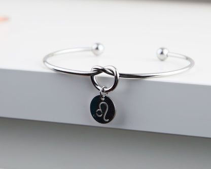 Dainty Knot Bracelet, Wire Knot Bangle with Zodiac Symbol Charm Gift