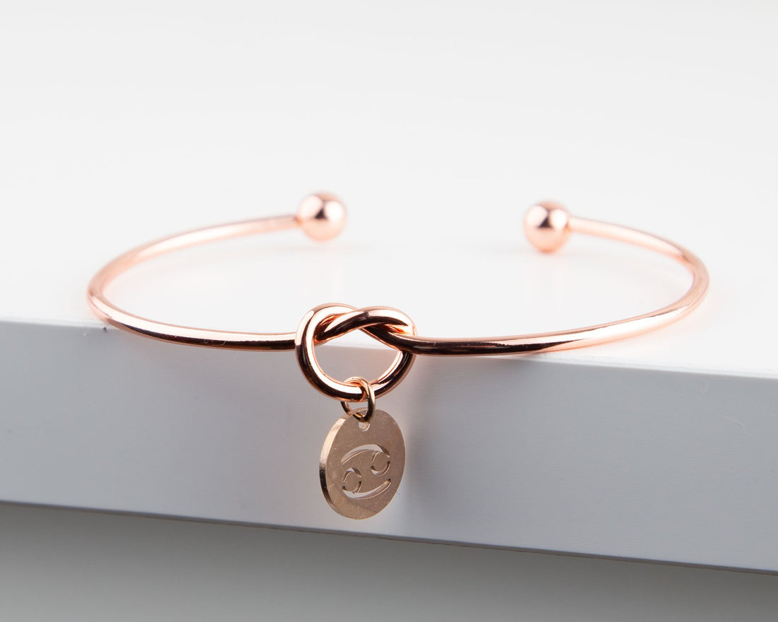 Dainty Knot Bracelet, Rose Gold Plated Wire Knot Bangle with Zodiac