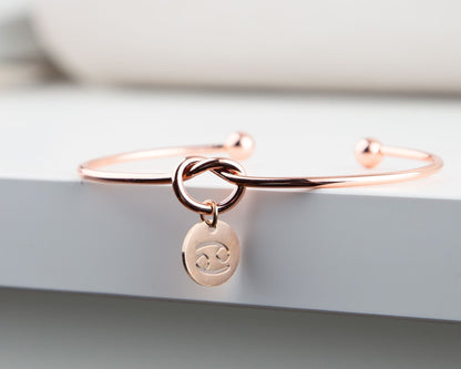 Dainty Knot Bracelet, Rose Gold Plated Wire Knot Bangle with Zodiac