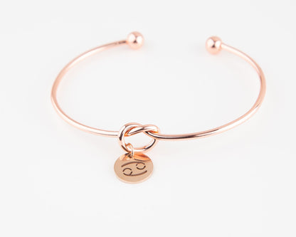 Dainty Knot Bracelet, Rose Gold Plated Wire Knot Bangle with Zodiac