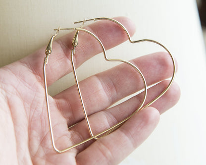 Huge heart hoop earrings, large golden heart gift earrings