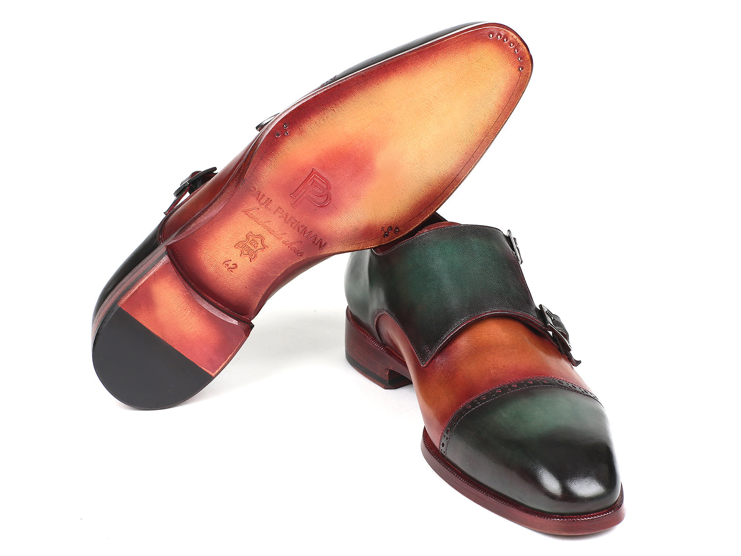 Paul Parkman Captoe Double Monkstraps Green &amp; Camel (ID