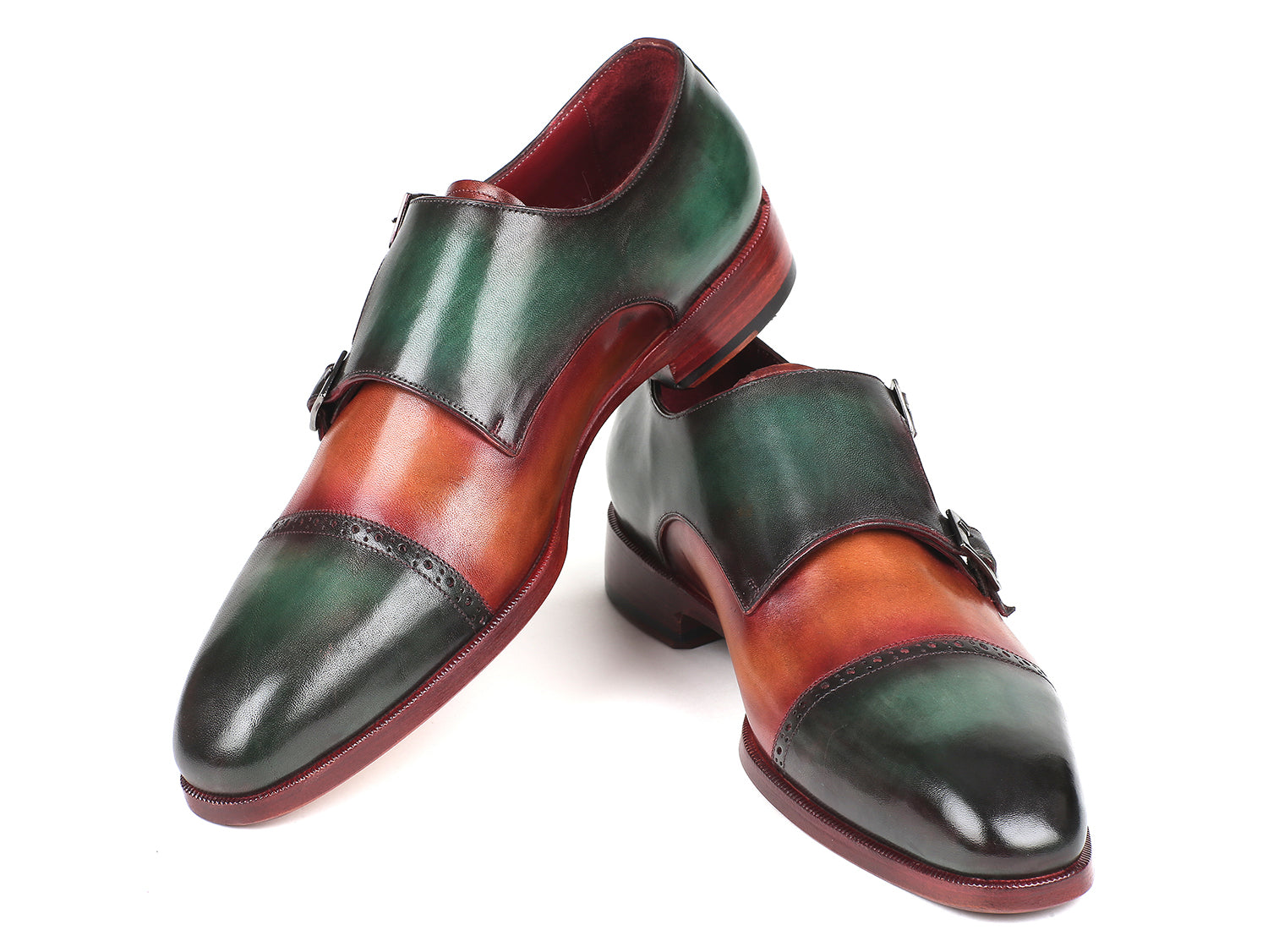 Paul Parkman Captoe Double Monkstraps Green &amp; Camel (ID