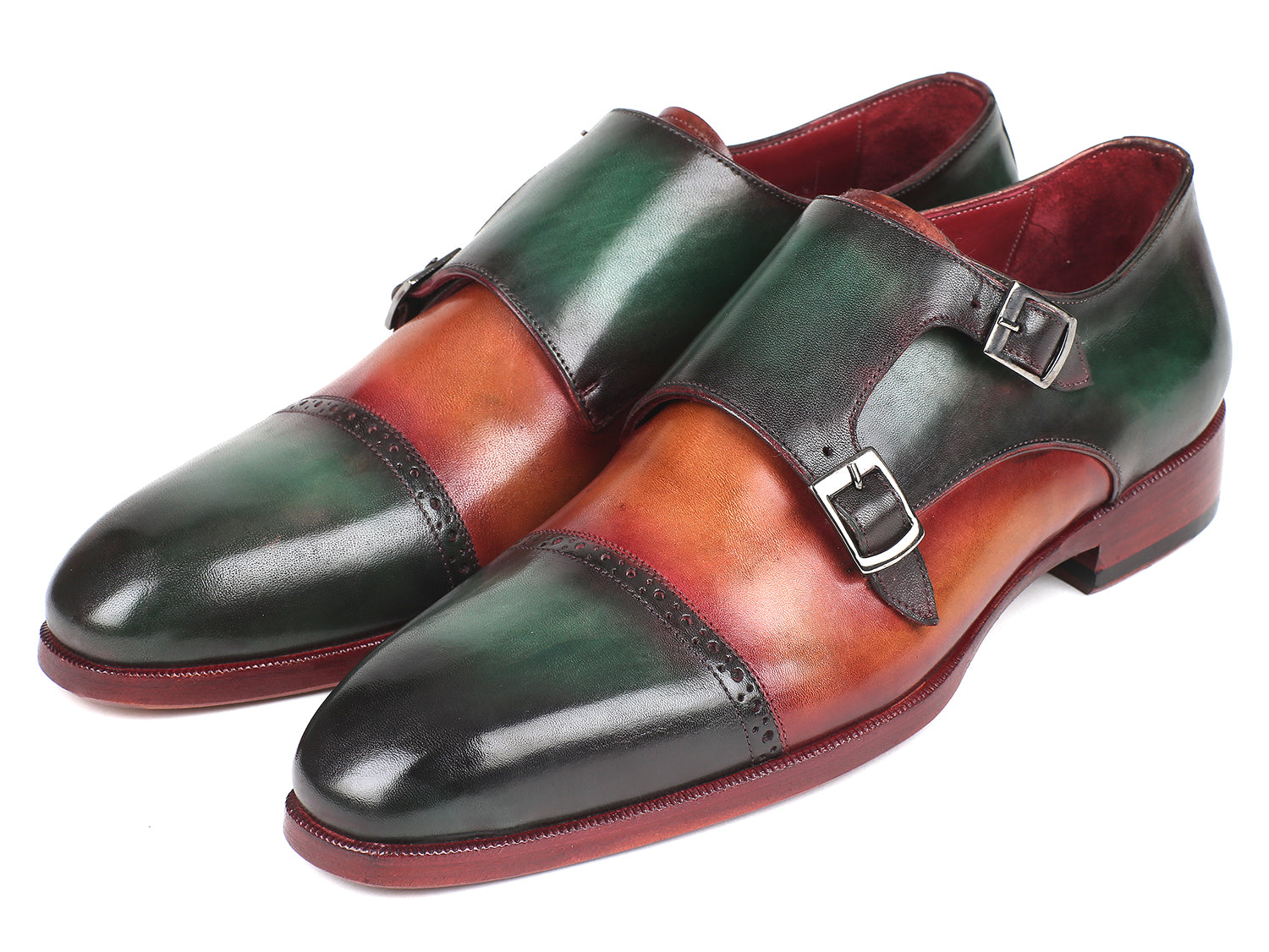 Paul Parkman Captoe Double Monkstraps Green &amp; Camel (ID