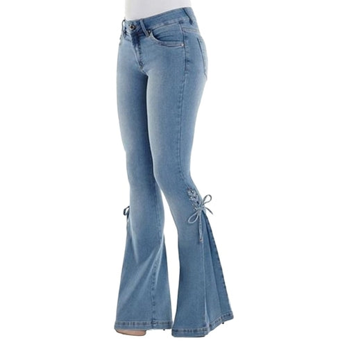 Mid Waisted Stretch Flare Jeans Women Denim Pants Wide Leg Butt-lifted