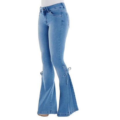 Mid Waisted Stretch Flare Jeans Women Denim Pants Wide Leg Butt-lifted