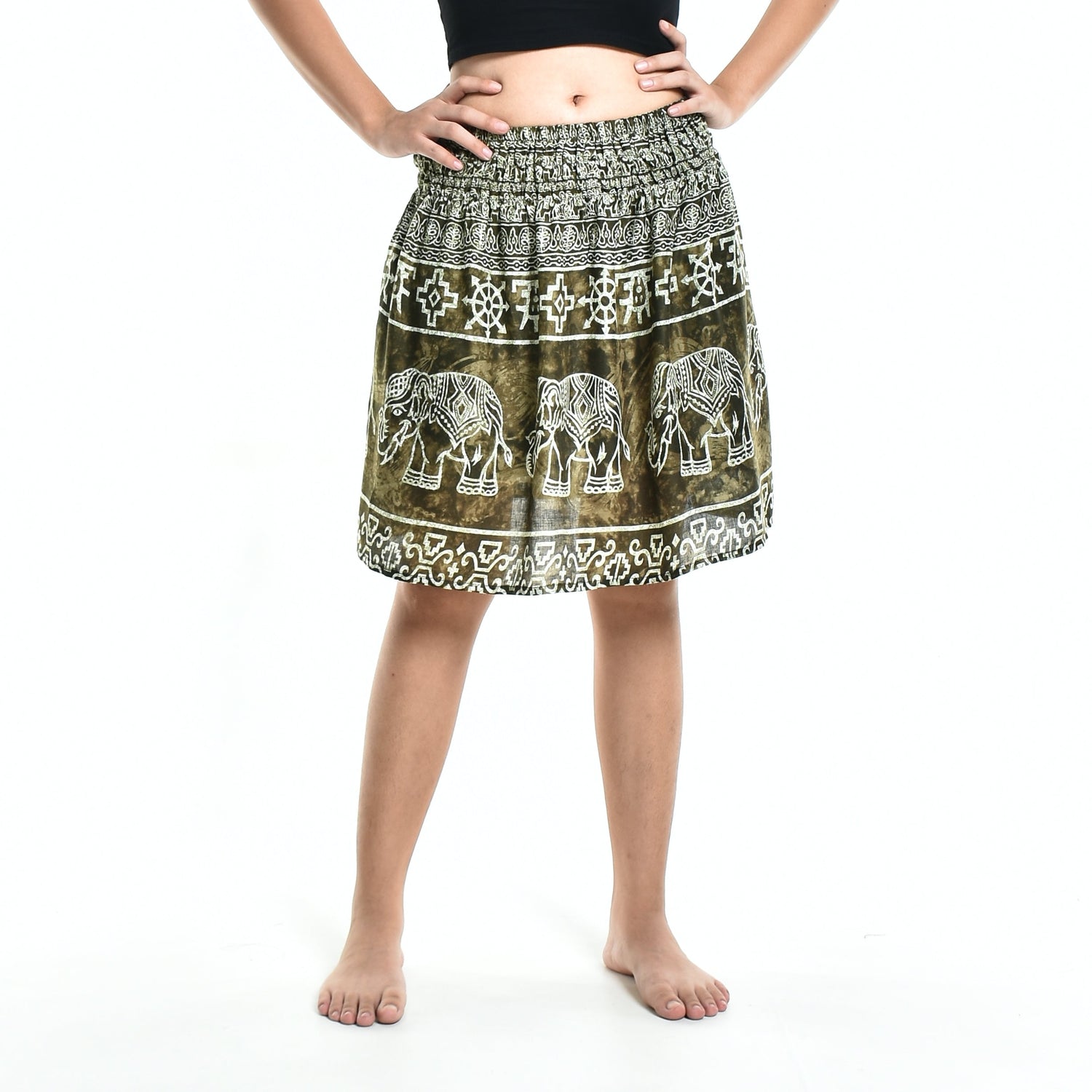 Bohotusk Olive Green Amboseli Elephant Print Short Skirt SM to LXL