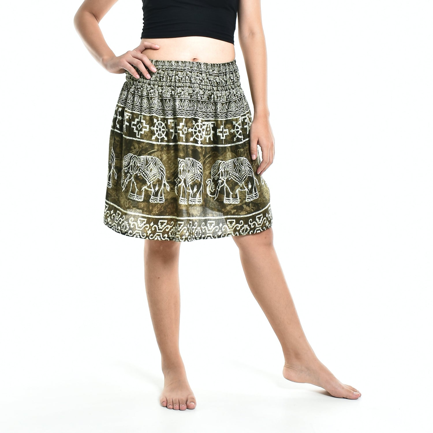 Bohotusk Olive Green Amboseli Elephant Print Short Skirt SM to LXL