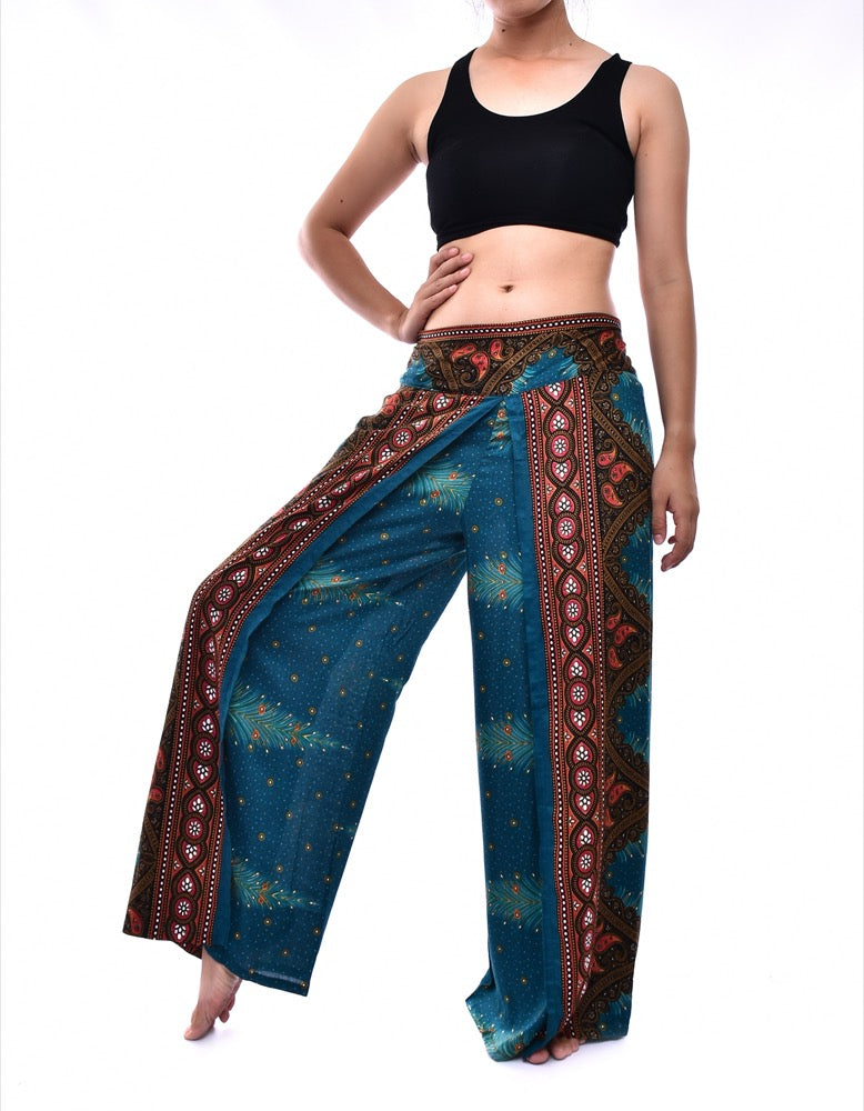 Bohotusk Teal Peacock Print Womens Palazzo Pants S/M (UK 8 - 10)