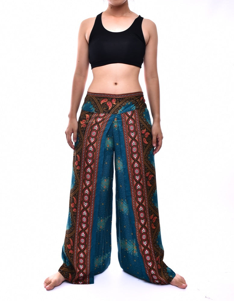 Bohotusk Teal Peacock Print Womens Palazzo Pants S/M (UK 8 - 10)