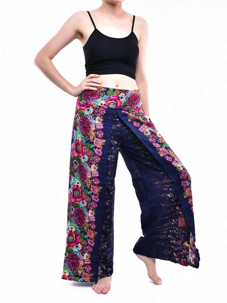 Bohotusk Indigo Blue Floral Print Womens Palazzo Pants S/M (UK 8 - 10)