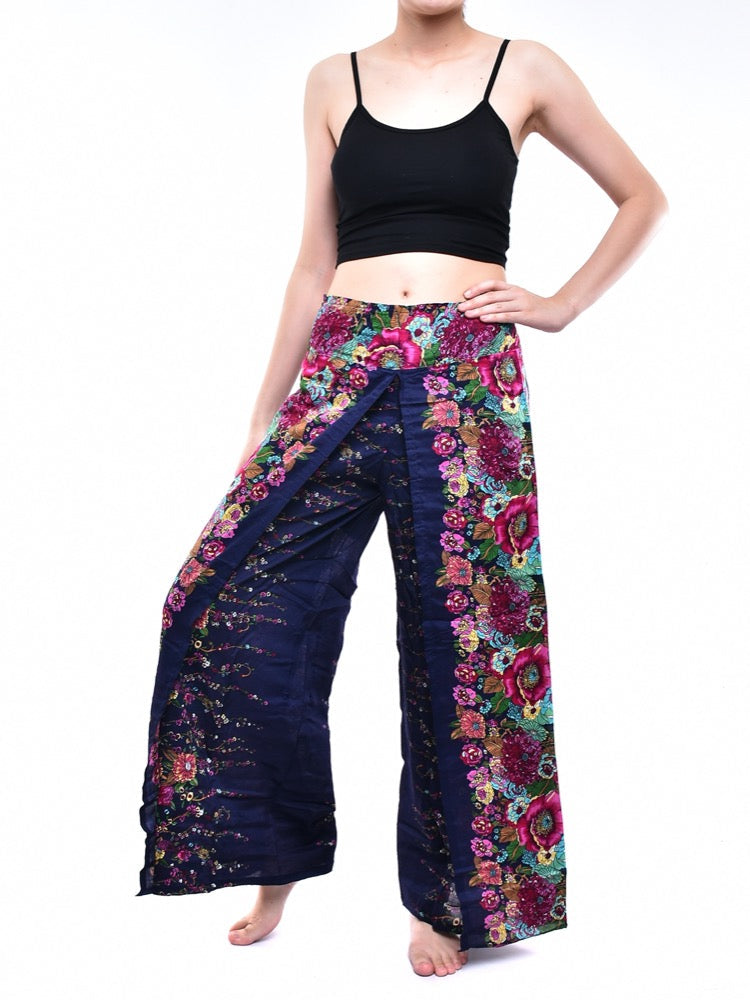 Bohotusk Indigo Blue Floral Print Womens Palazzo Pants S/M (UK 8 - 10)