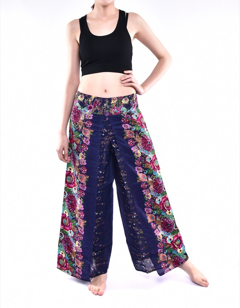 Bohotusk Indigo Blue Floral Print Womens Palazzo Pants S/M (UK 8 - 10)