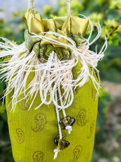 Silk pouch bag with glass beads and fringes