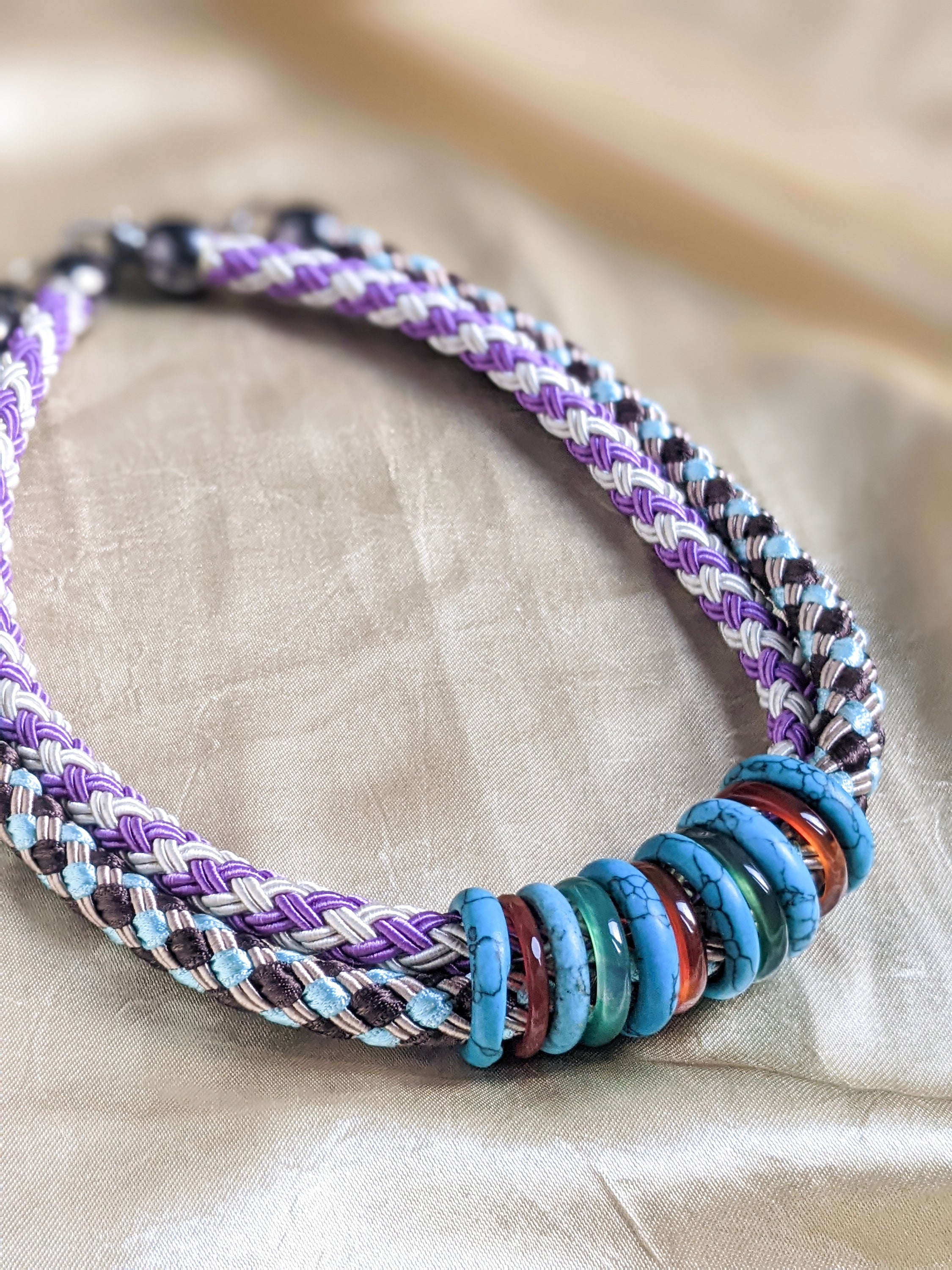 Knit rope choker with colorful rings