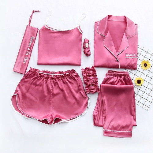 7 Pieces Sets Pajamas Set Women Mulberry