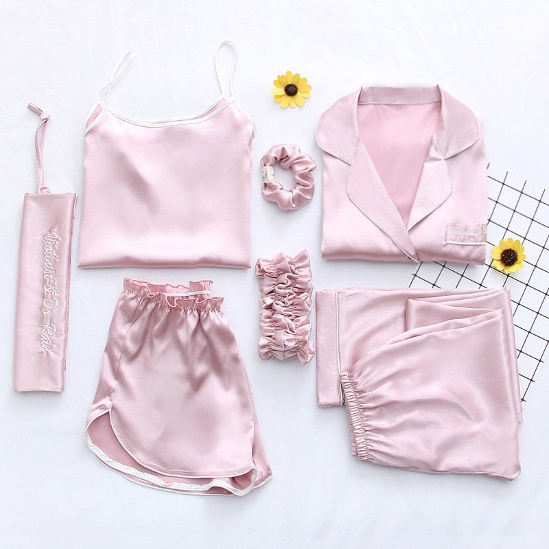 7 Pieces Sets Pajamas Set Women Mulberry