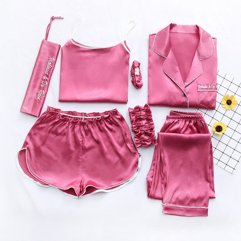 7 Pieces Sets Pajamas Set Women Mulberry