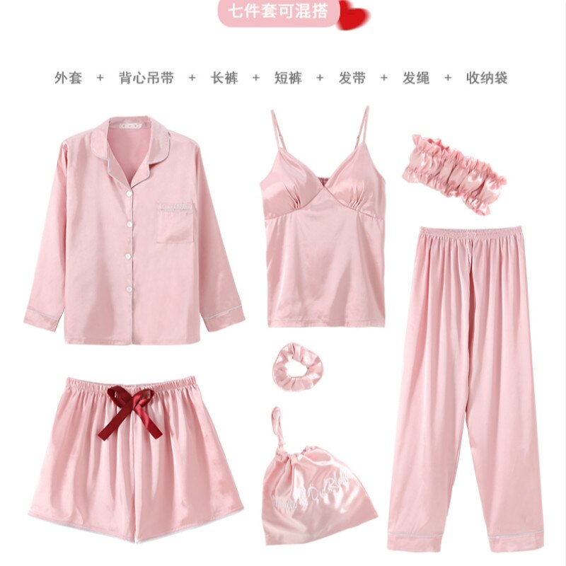 7 Pieces Sets Sexy Women Pajamas Satin