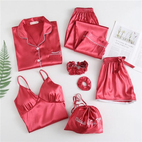 7 Pieces Sets Sexy Women Pajamas Satin