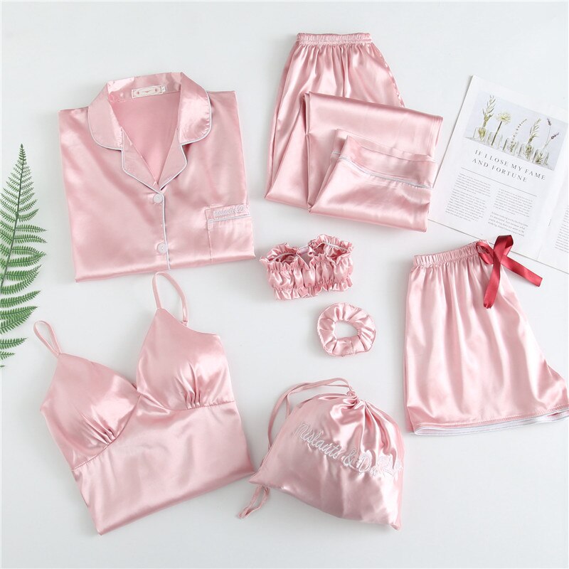 7 Pieces Sets Sexy Women Pajamas Satin