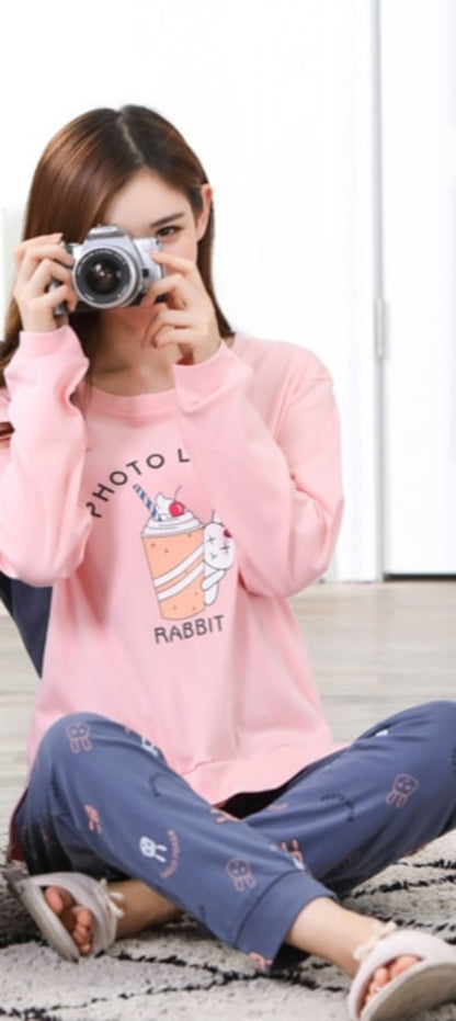 O-neck Long Sleeve Pyjamas Women Korean