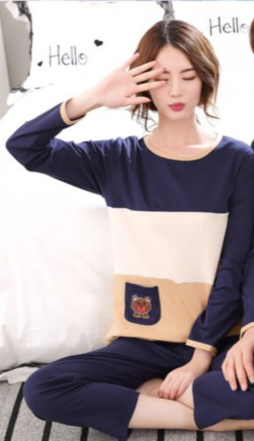 O-neck Long Sleeve Pyjamas Women Korean