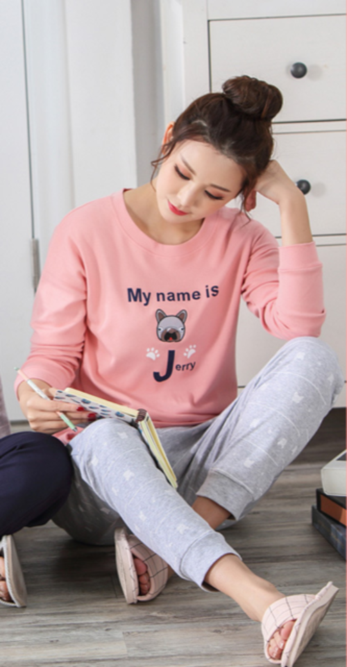 O-neck Long Sleeve Pyjamas Women Korean