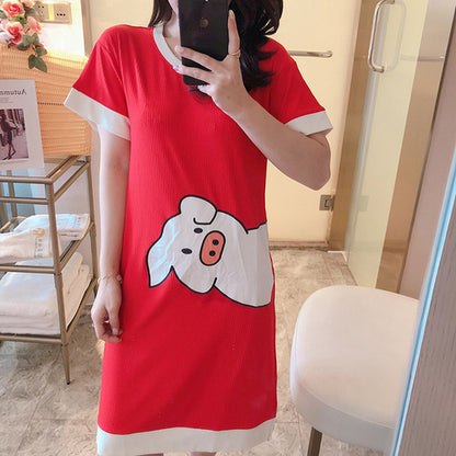 Summer Cartoon Pig Print Cute Night Dress