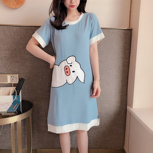 Summer Cartoon Pig Print Cute Night Dress