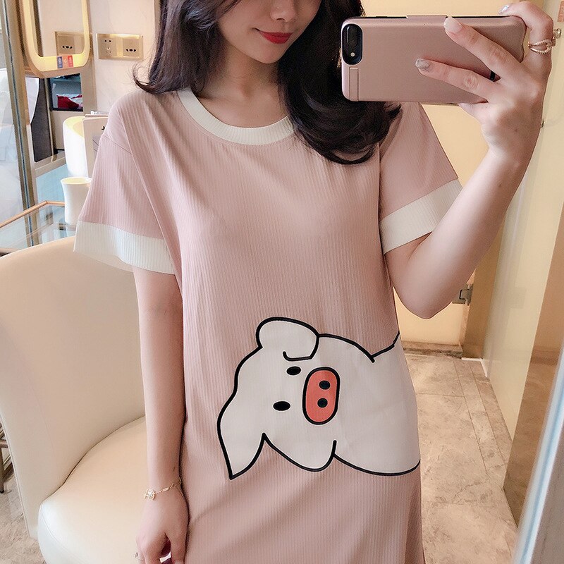 Summer Cartoon Pig Print Cute Night Dress