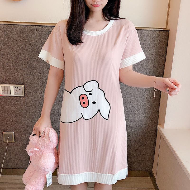 Summer Cartoon Pig Print Cute Night Dress