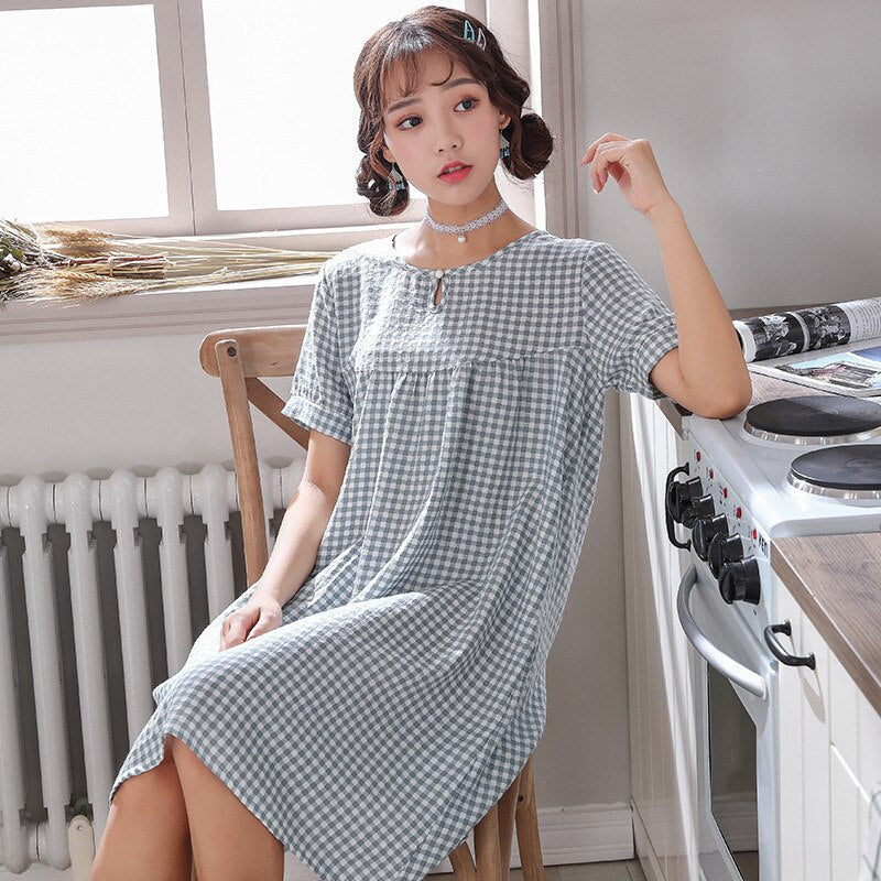 Summer New Plaid Print Cotton Long Night