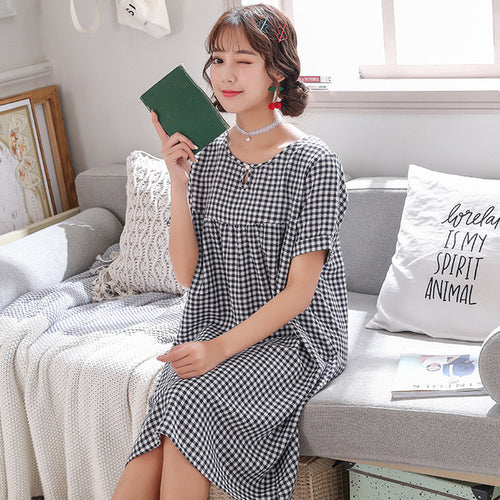 Summer New Plaid Print Cotton Long Night