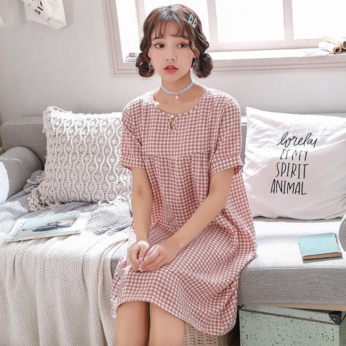 Summer New Plaid Print Cotton Long Night