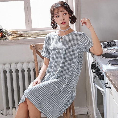 Summer New Plaid Print Cotton Long Night