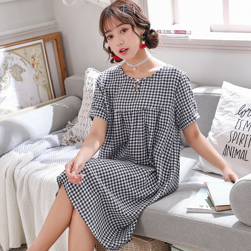 Summer New Plaid Print Cotton Long Night